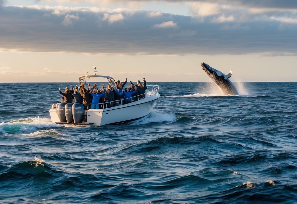 A boat sails through the choppy waters of the Atlantic Ocean, with a group of excited tourists eagerly scanning the horizon for a glimpse of majestic whales breaching the surface