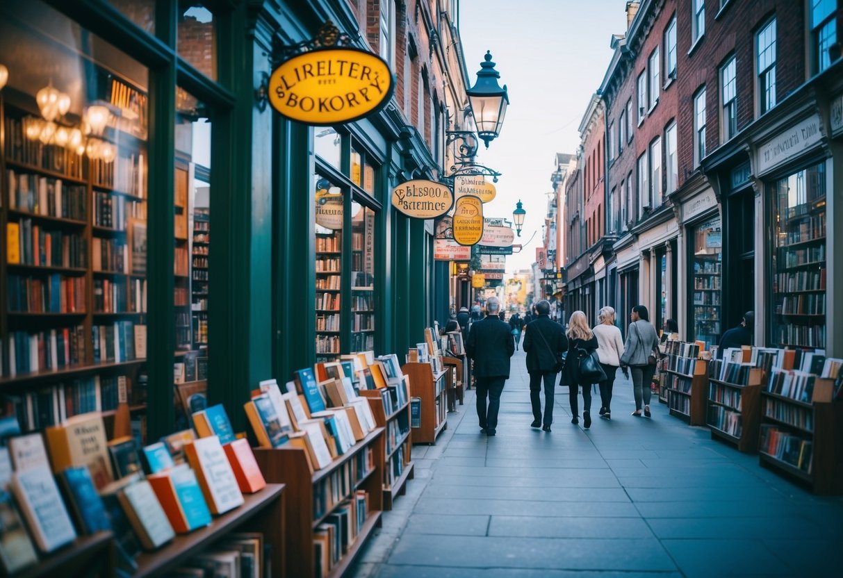 A bustling street lined with historic bookstores, their colorful signs beckoning passersby to explore the literary treasures within