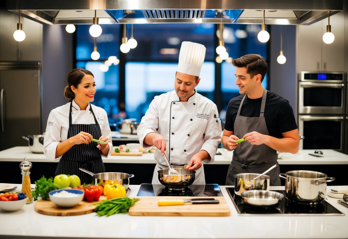 A chef instructs a couple at a Sur La Table cooking class, surrounded by gleaming stainless steel appliances and colorful ingredients