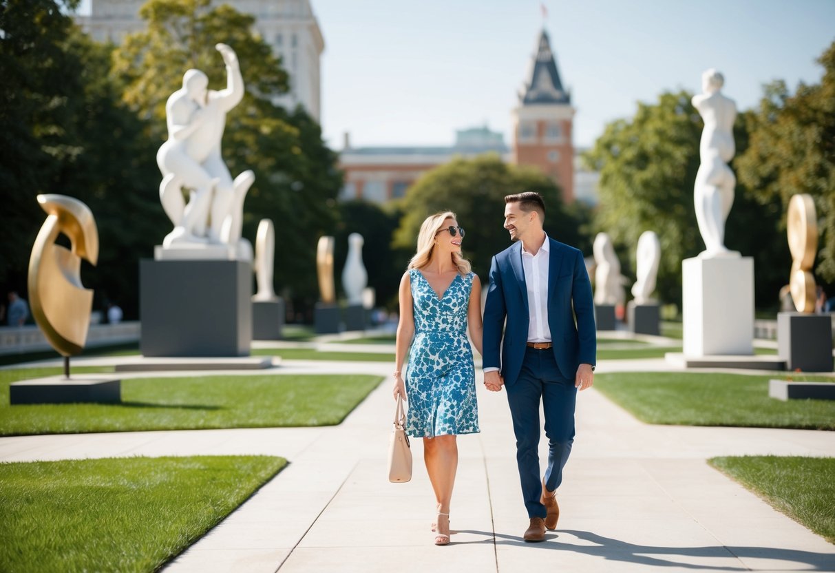 A couple strolling through the Mint Museum's outdoor sculpture garden on a sunny afternoon, admiring the unique artwork and enjoying each other's company