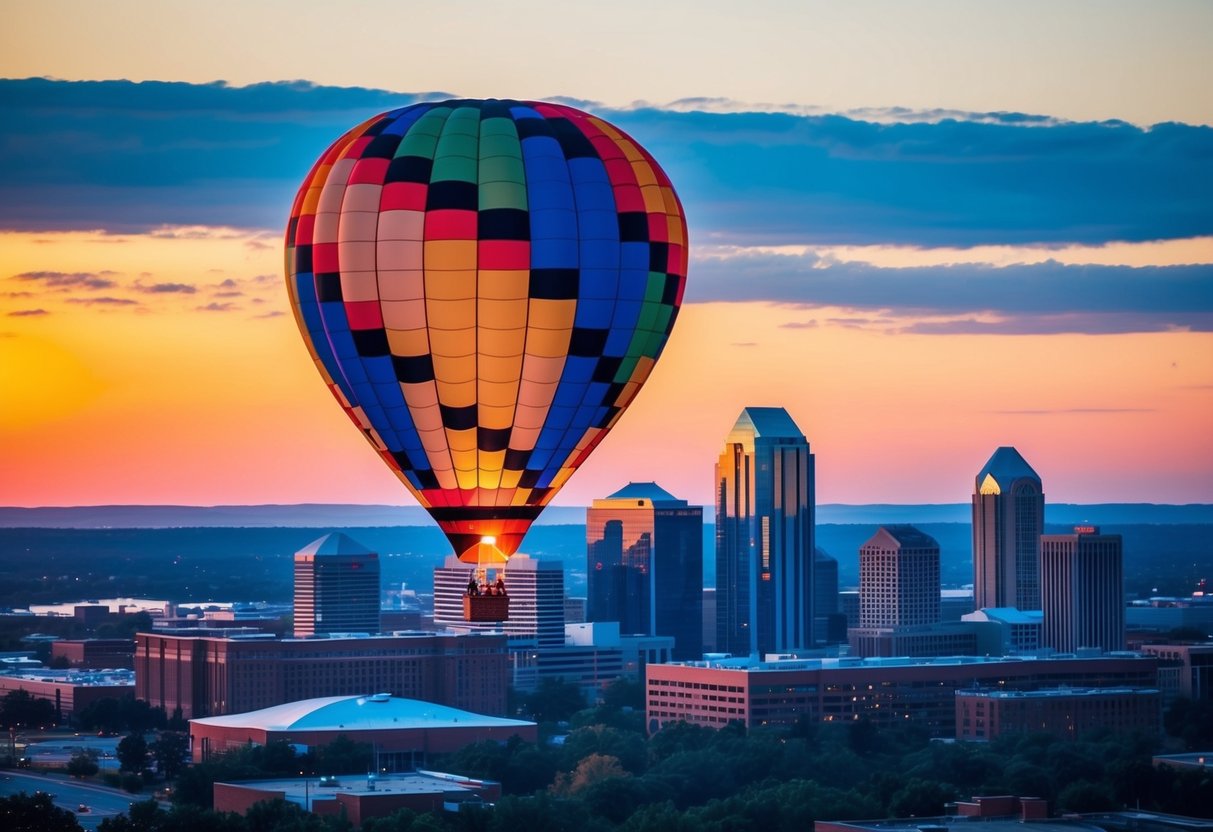 A colorful hot air balloon floats over the Charlotte skyline at sunset