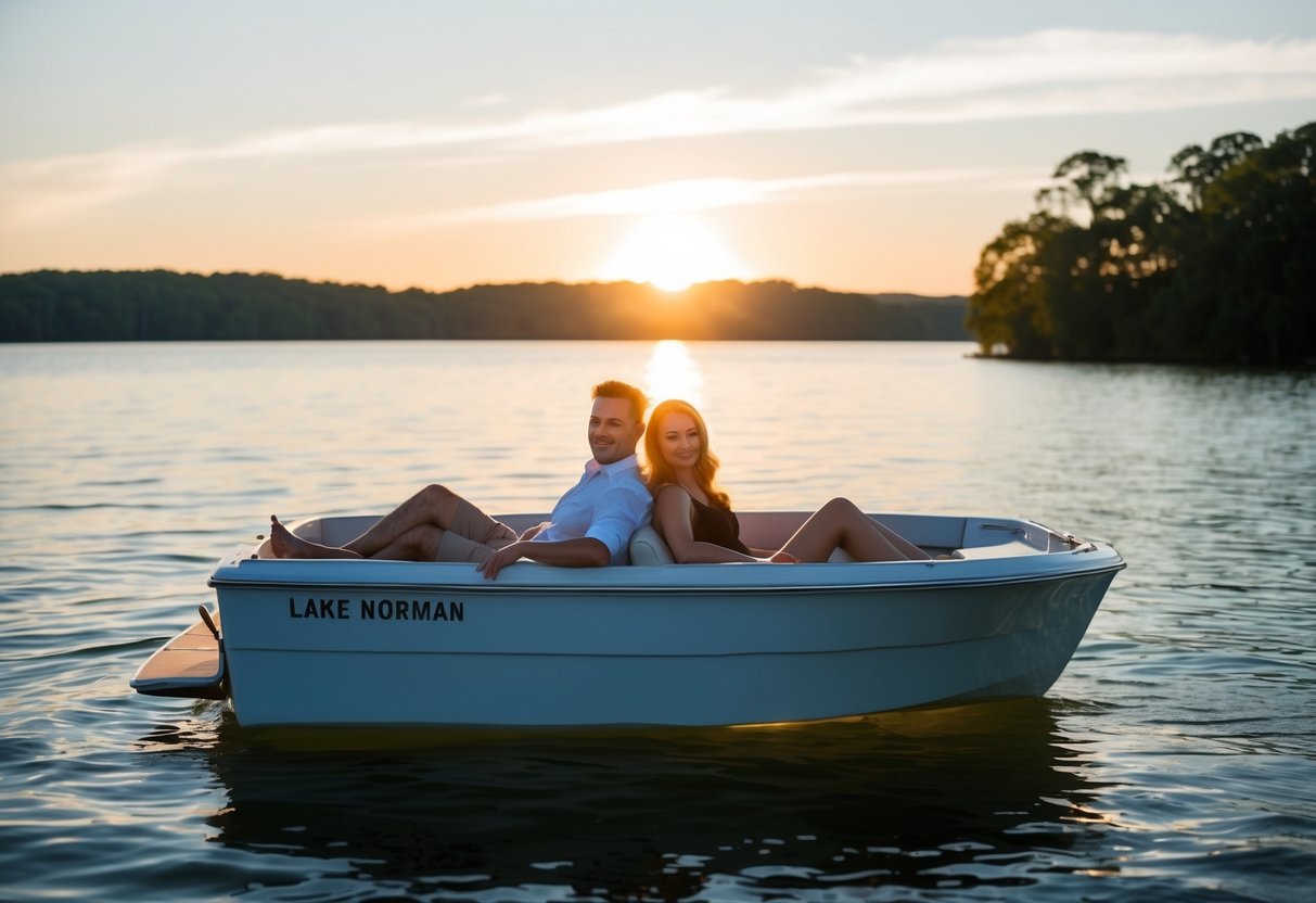 A couple lounges on a boat, surrounded by the serene waters of Lake Norman. The sun sets in the distance, casting a warm glow over the tranquil scene