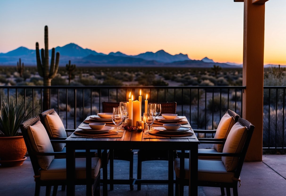 A cozy, candlelit dinner on a patio with a view of the desert landscape and mountains in the distance