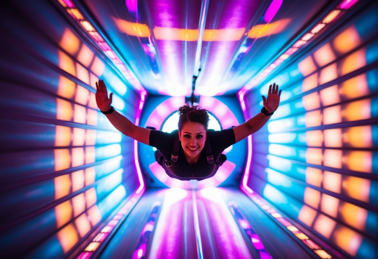 A person floating in a vertical wind tunnel at iFLY Charlotte, surrounded by the rush of air and colorful lights