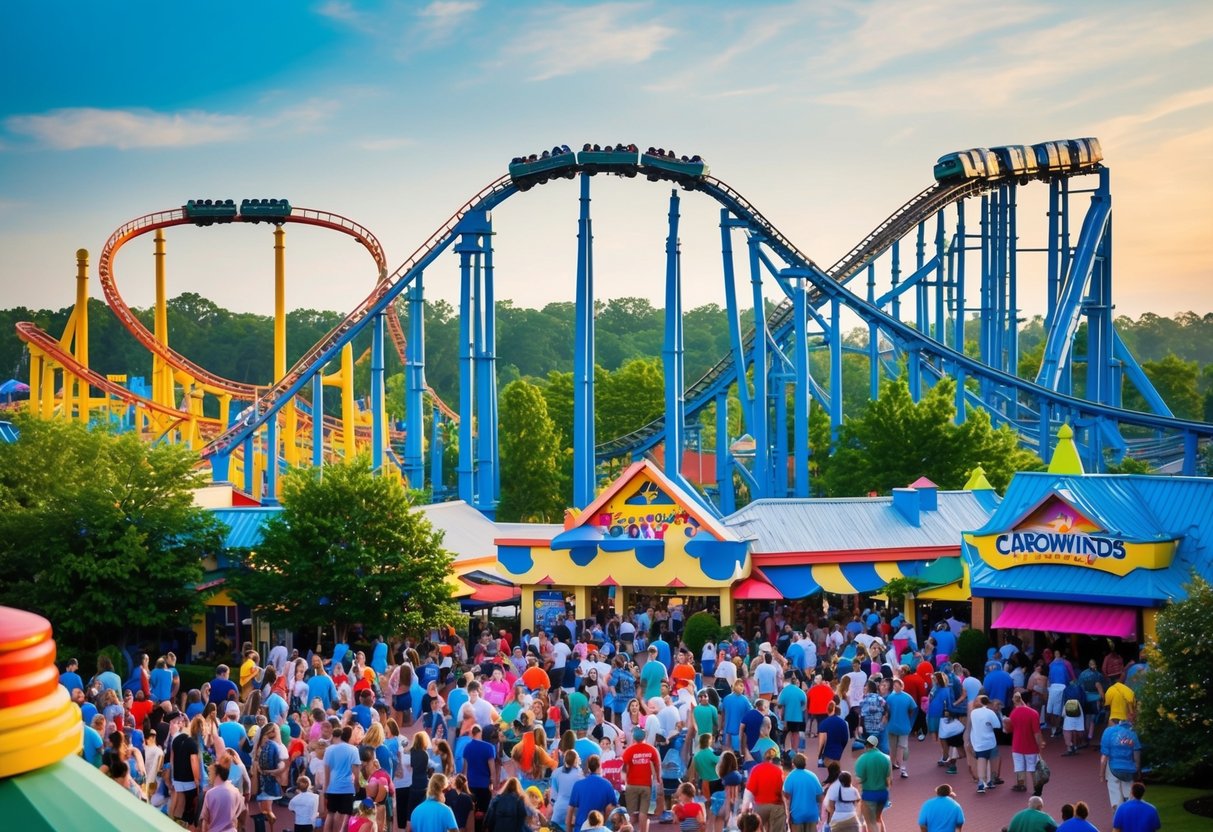Thrilling roller coasters soar above bustling crowds at Carowinds amusement park in Charlotte, NC. Brightly colored attractions and lush greenery create a vibrant, energetic atmosphere