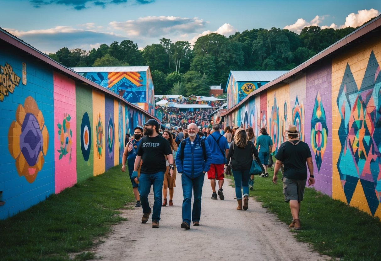 Colorful murals cover the walls of Camp North End, with people strolling and admiring the diverse artwork. A vibrant and lively atmosphere fills the air