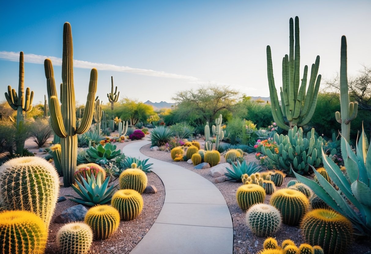 A colorful array of desert plants and cacti in a serene garden setting, with winding paths and a clear blue sky above