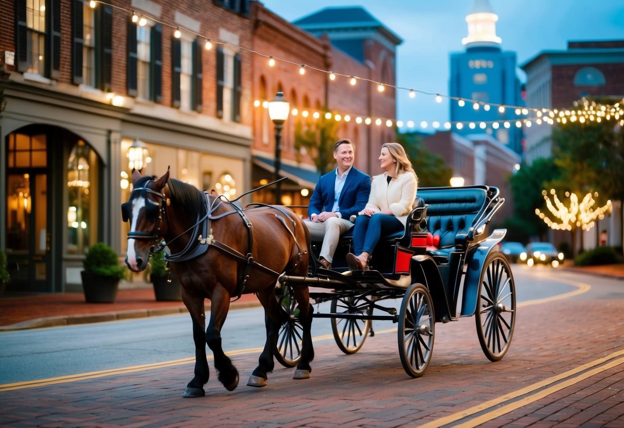 A couple rides in a horse-drawn carriage through the charming streets of Uptown Charlotte, passing by twinkling lights and historic buildings