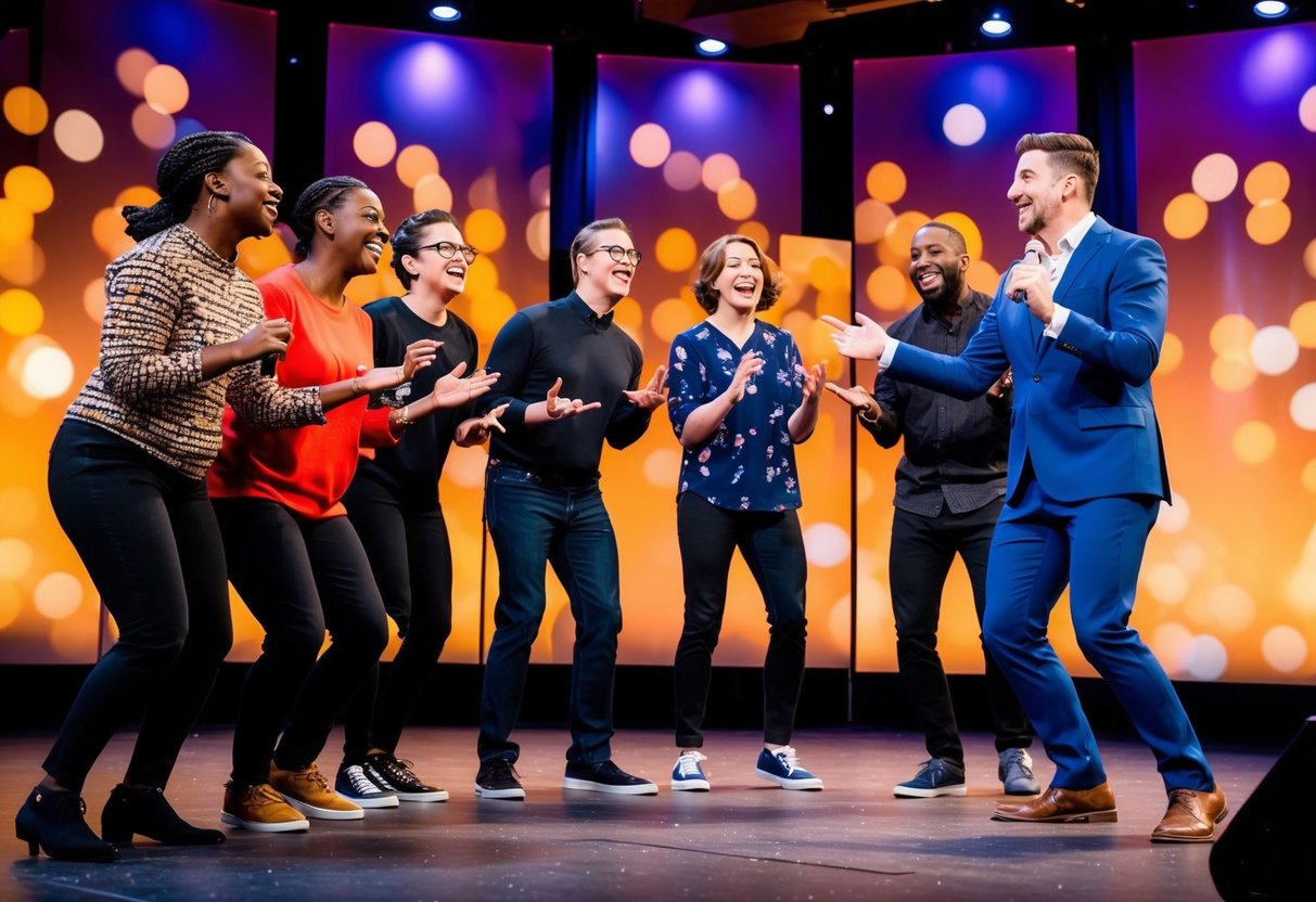 A group of performers engage in a lively and animated improv show on stage at ImaginOn's Knight Theater in Charlotte, NC