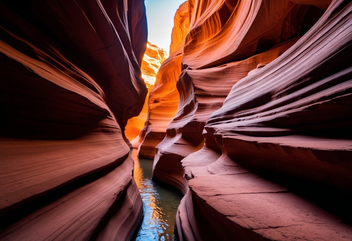 Sunlight streaming through narrow slot canyon, illuminating swirling red sandstone walls