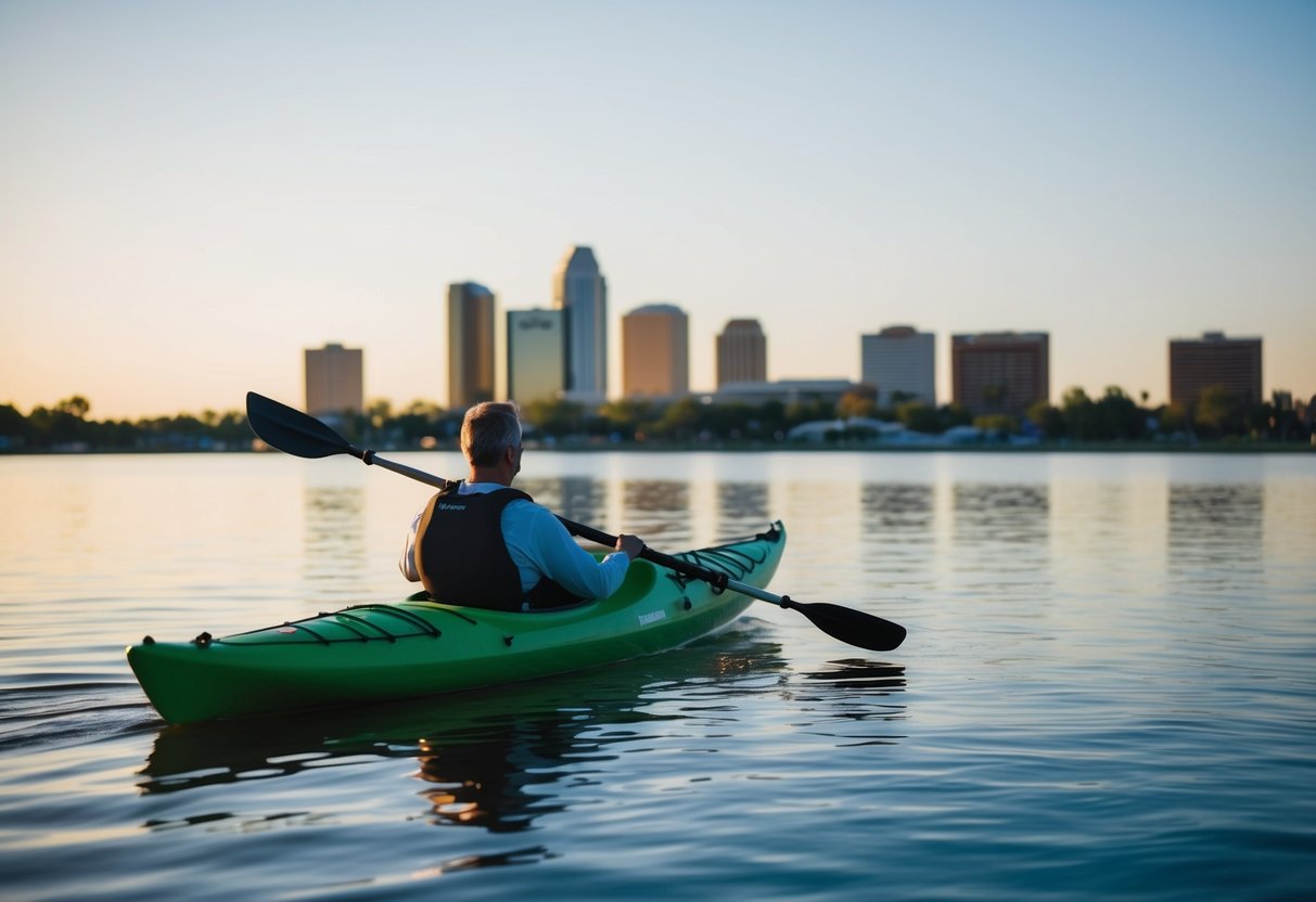 A kayak gliding on the calm waters of Tempe Town Lake, with the city skyline in the background