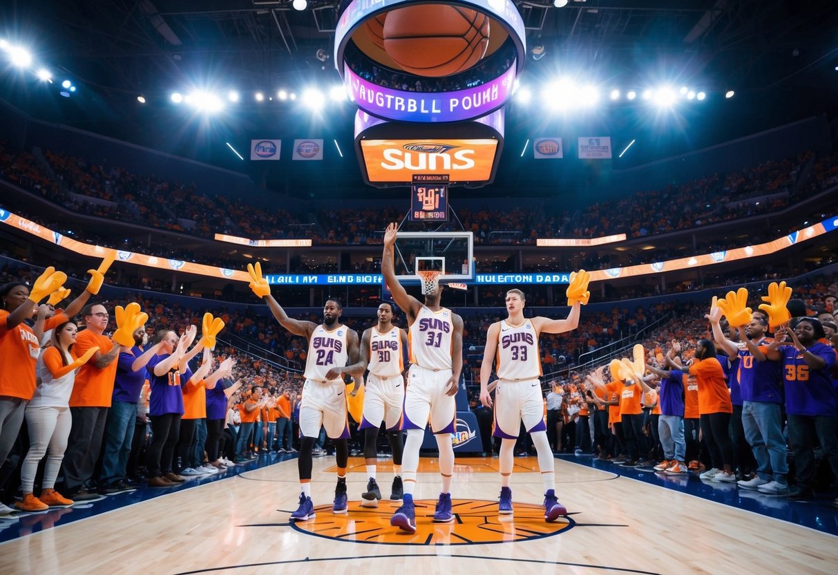 Crowd cheers as basketball players compete on the court under bright arena lights. Fans wave foam fingers and wear team jerseys. The Suns logo is prominently displayed throughout the stadium