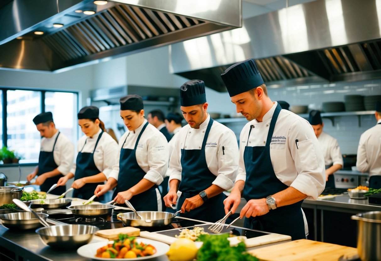 A bustling culinary class at Sweet Basil Gourmet, with chefs teaching and students cooking in a modern kitchen setting