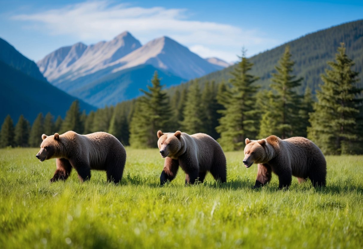 A family of bears roam through a lush forest, with a backdrop of towering mountains and a clear blue sky