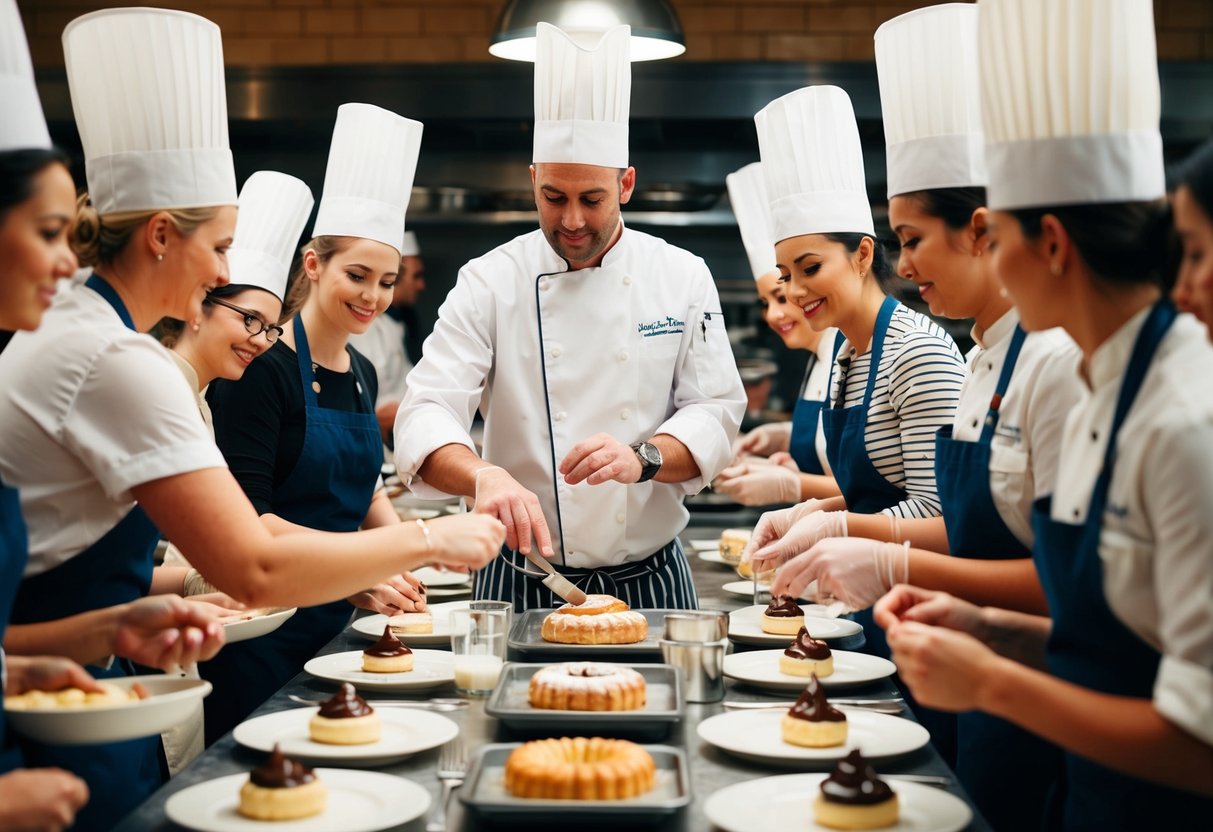 A bustling pastry class at Sur La Table, with a chef demonstrating techniques to a group of eager participants