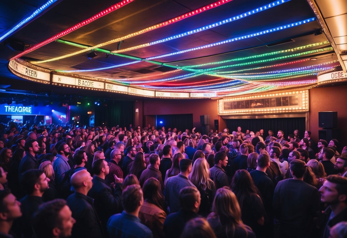 Crowd sways to music, colorful lights dance overhead, amplifiers blast sound waves, creating an electrifying atmosphere at The Marquee Theatre