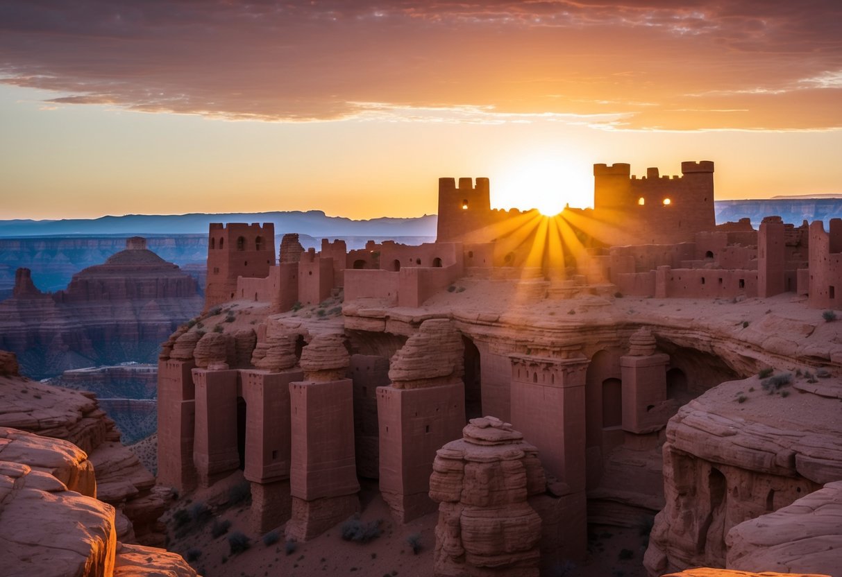 The sun sets behind Montezuma Castle, casting a warm glow over the ancient cliff dwellings nestled in the red rock canyon