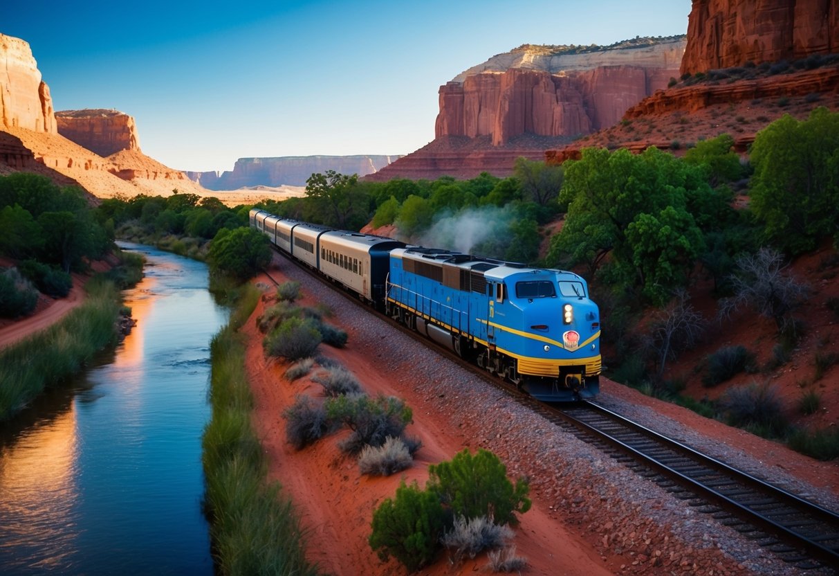 A train chugs through a scenic canyon, surrounded by red rock formations and lush greenery. The tracks wind alongside a tranquil river, with a clear blue sky overhead