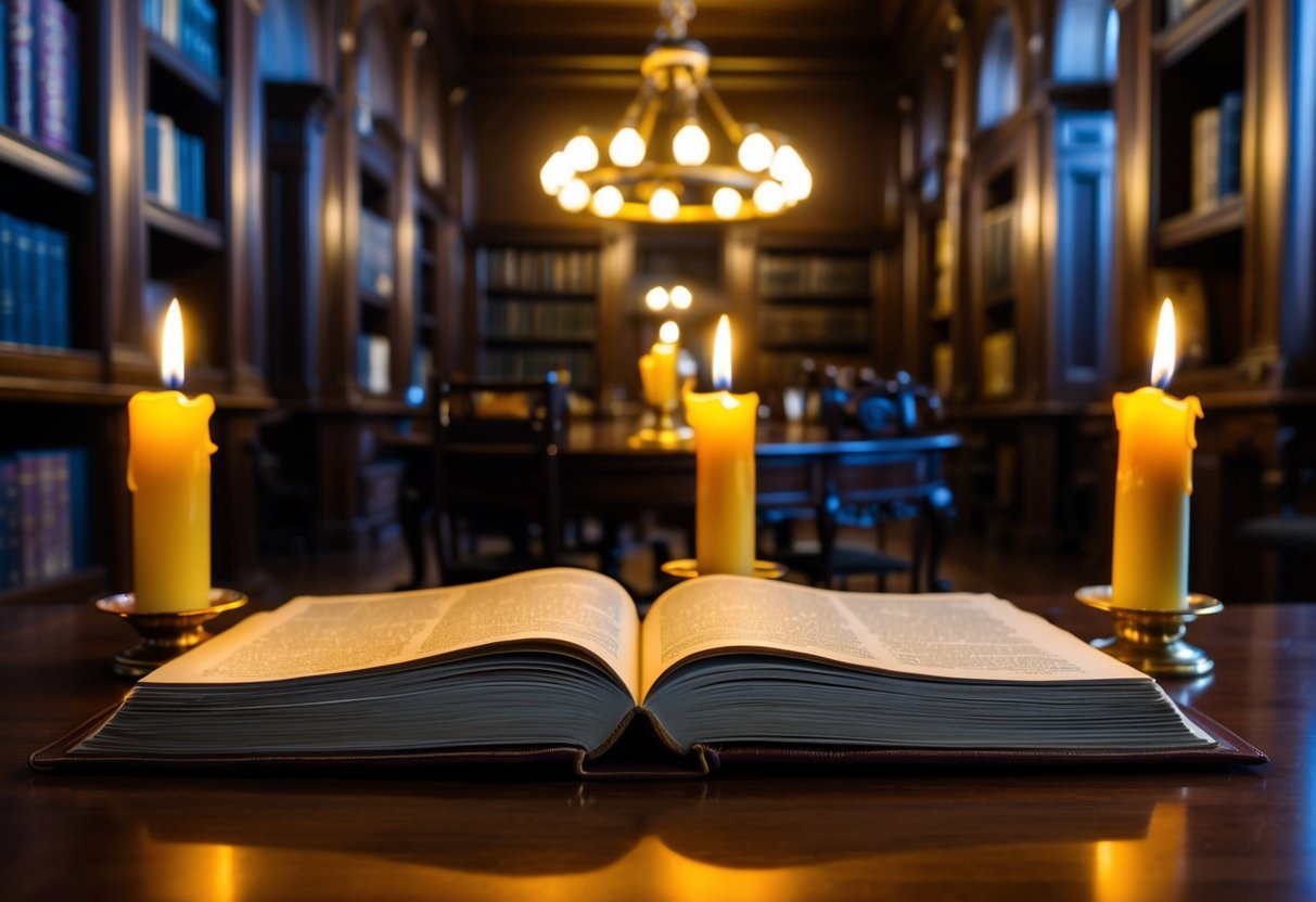A candlelit library with leather-bound books, antique furniture, and classical music playing in the background
