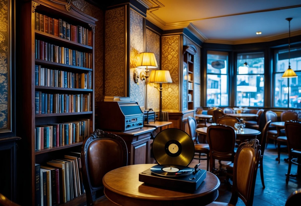 A cozy vintage café with dim lighting, ornate wallpaper, and antique furniture. A bookshelf filled with old novels and a record player playing soft jazz music