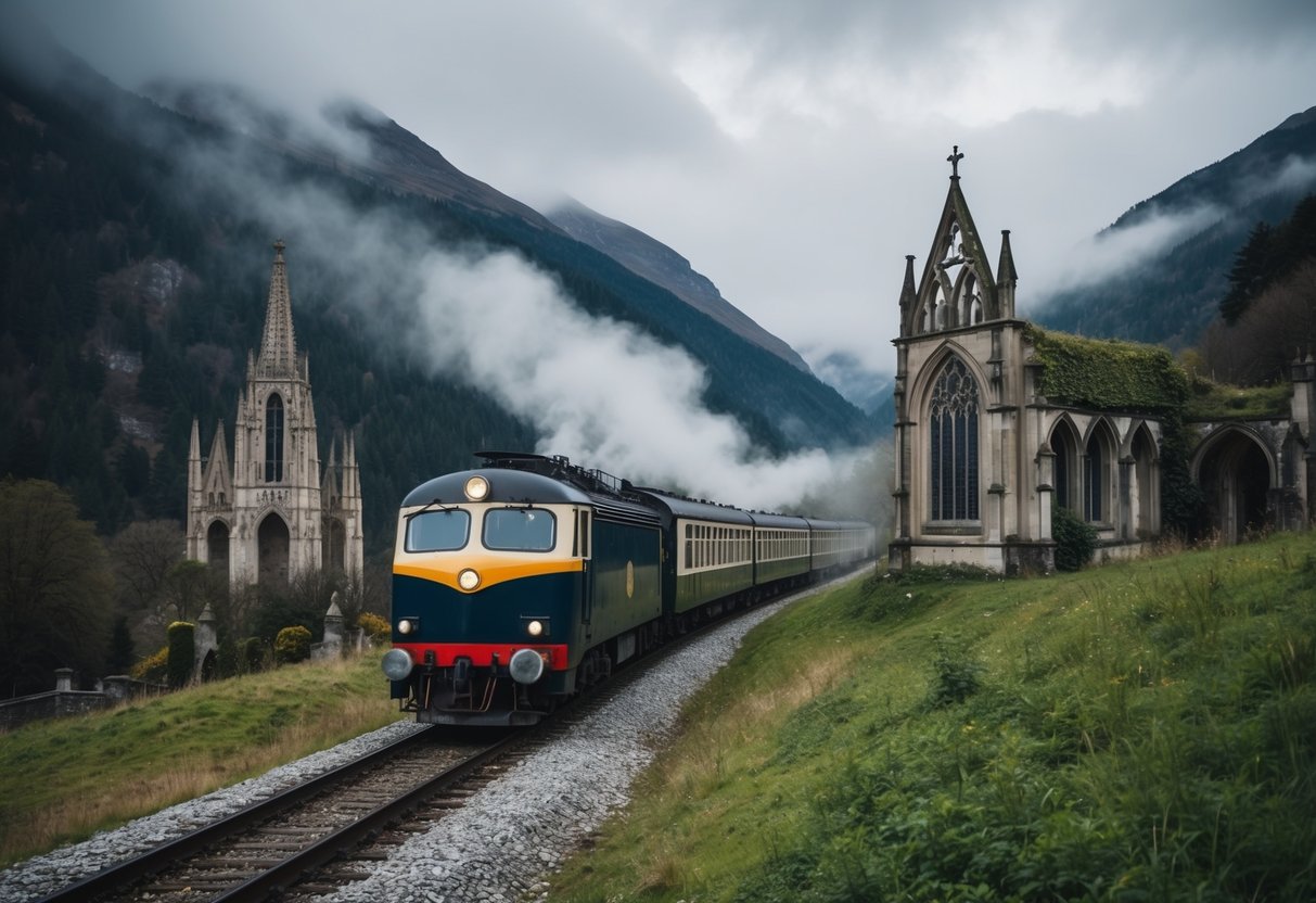 A vintage train winds through misty mountains, passing gothic architecture and overgrown ruins