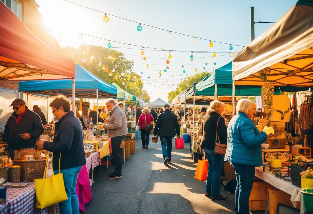 A bustling flea market with colorful stalls, vintage items, and people browsing. Sunlight filters through the tents, creating a lively and vibrant atmosphere