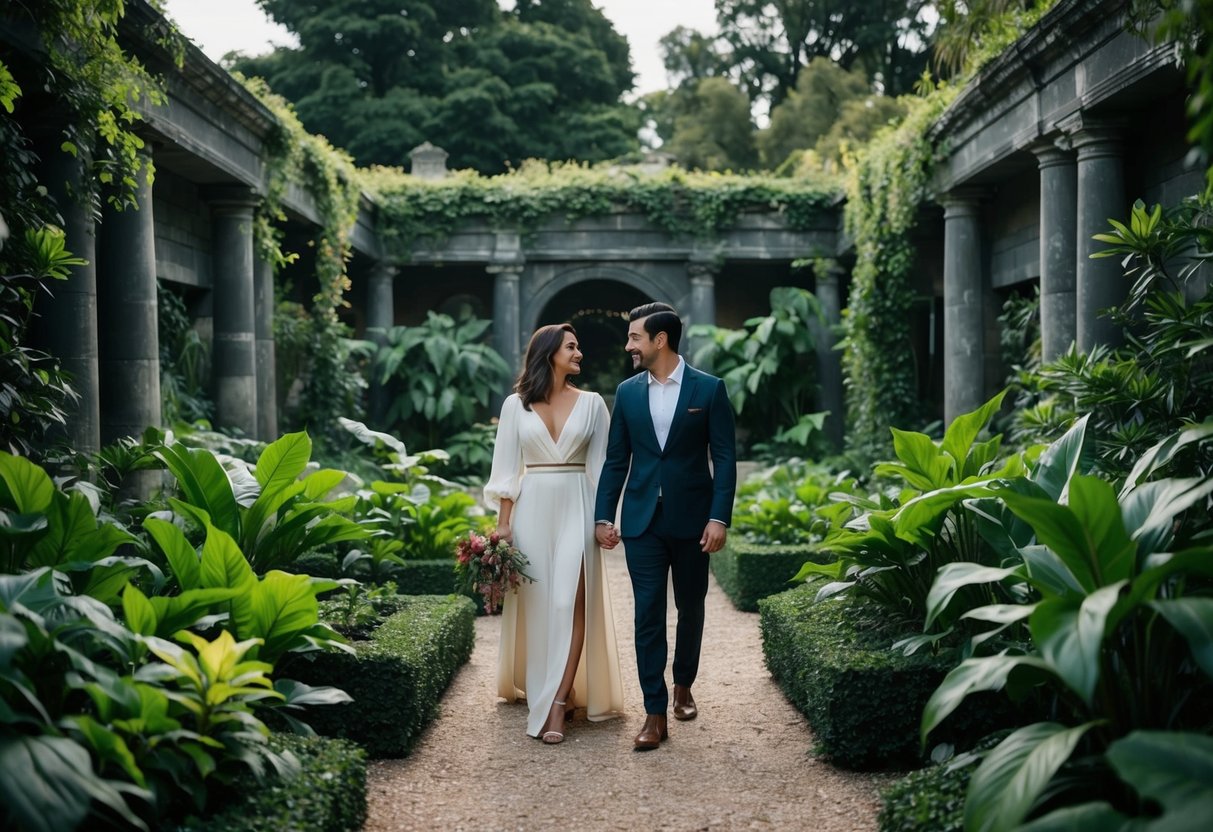A couple strolls through a lush botanical garden, surrounded by overgrown greenery and ancient stone structures, creating a dark academia atmosphere