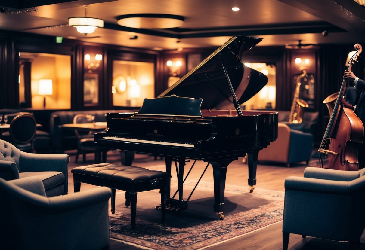 A dimly lit jazz club, with vintage décor and a cozy atmosphere. A grand piano sits on stage, surrounded by low tables and plush armchairs. The room is filled with the smooth sound of saxophones and double bass, creating a romantic and sophisticated ambiance