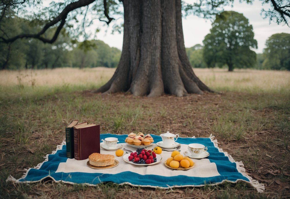 A vintage picnic set on a worn blanket under a towering tree in a deserted, overgrown park. A classic book and antique teacup sit next to a spread of fruits and pastries