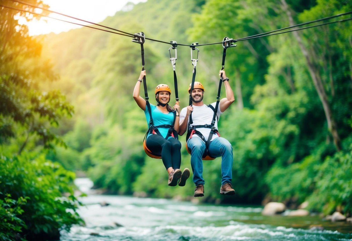 A couple ziplining through a lush forest, surrounded by vibrant greenery and the sound of rushing water below