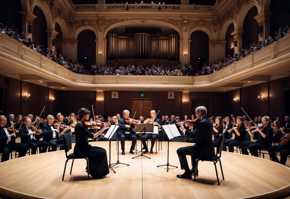 A dimly lit concert hall with ornate architecture, a grand stage, and a string quartet performing classical music to a captivated audience