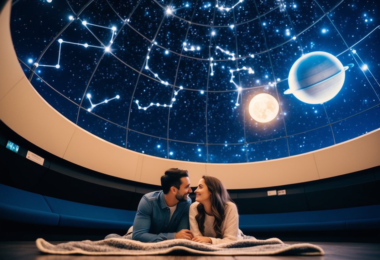 A couple lies on a blanket under a dome of stars at a planetarium. The night sky is filled with twinkling constellations and a glowing replica of a distant planet