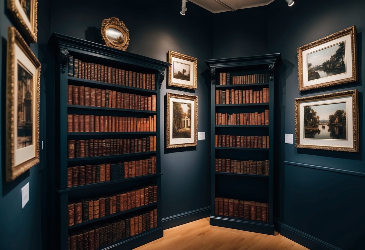 A cozy gallery with dim lighting, ornate frames, and vintage decor. A bookshelf filled with leather-bound classics stands in the corner