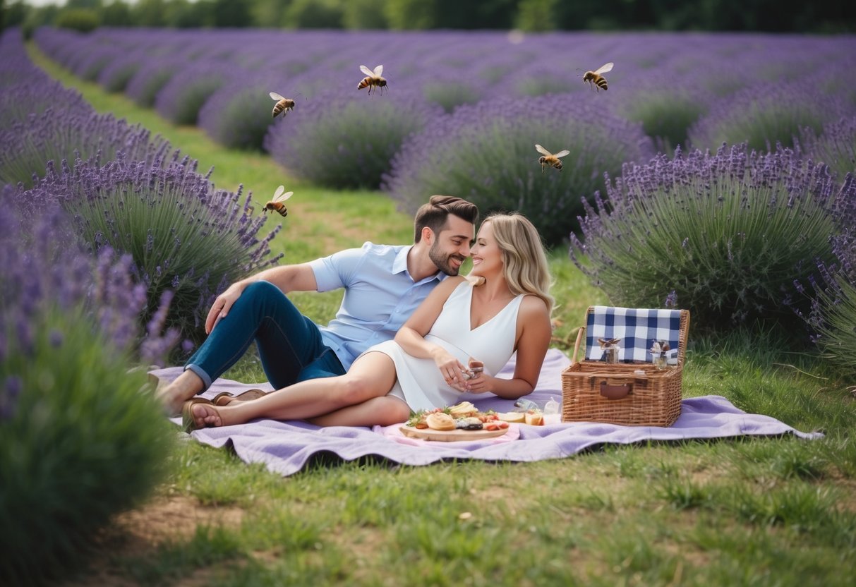 A couple lounges on a lavender field blanket, surrounded by blooming purple flowers and a picnic spread. Bees buzz around, and a gentle breeze rustles the plants