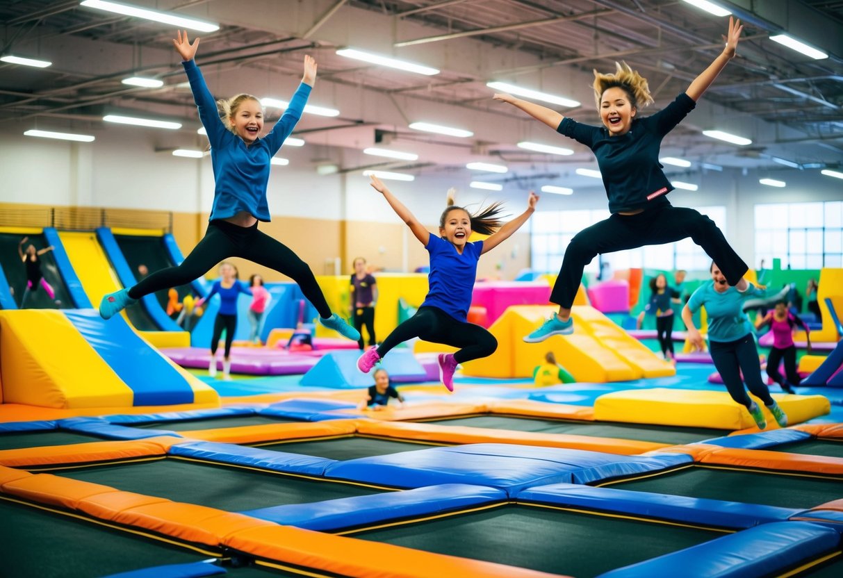 Excited jumpers bounce on colorful trampolines, flipping and somersaulting in a vibrant indoor park filled with foam pits and obstacle courses