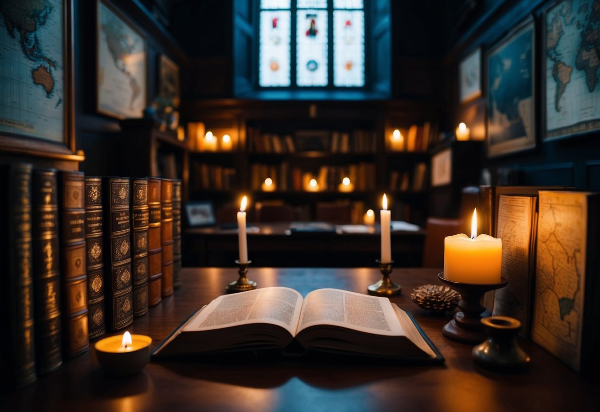 A candle-lit room in a historical society, filled with antique books, maps, and artifacts. A cozy setting for a dark academia date