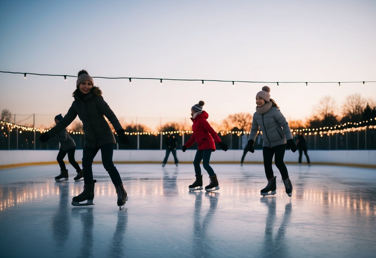 People gliding on ice under twinkling lights at an outdoor rink