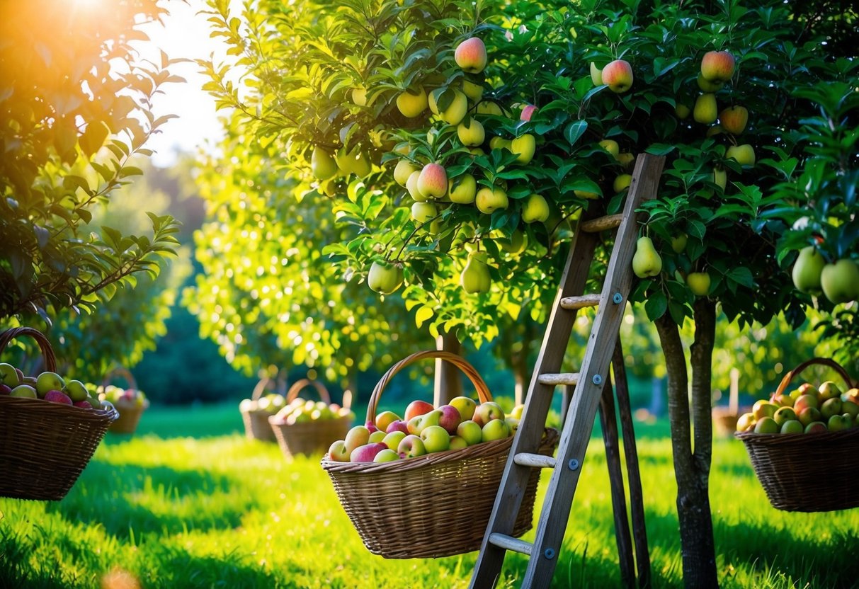 Sunlight filters through lush green trees as baskets overflow with ripe apples and pears. A rustic wooden ladder leans against a tree, surrounded by vibrant fruit trees