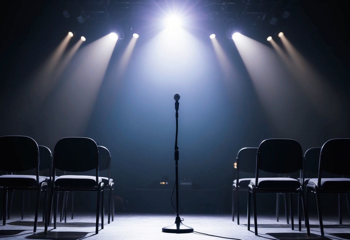 A dimly lit stage with a single microphone, surrounded by empty chairs and a spotlight shining down