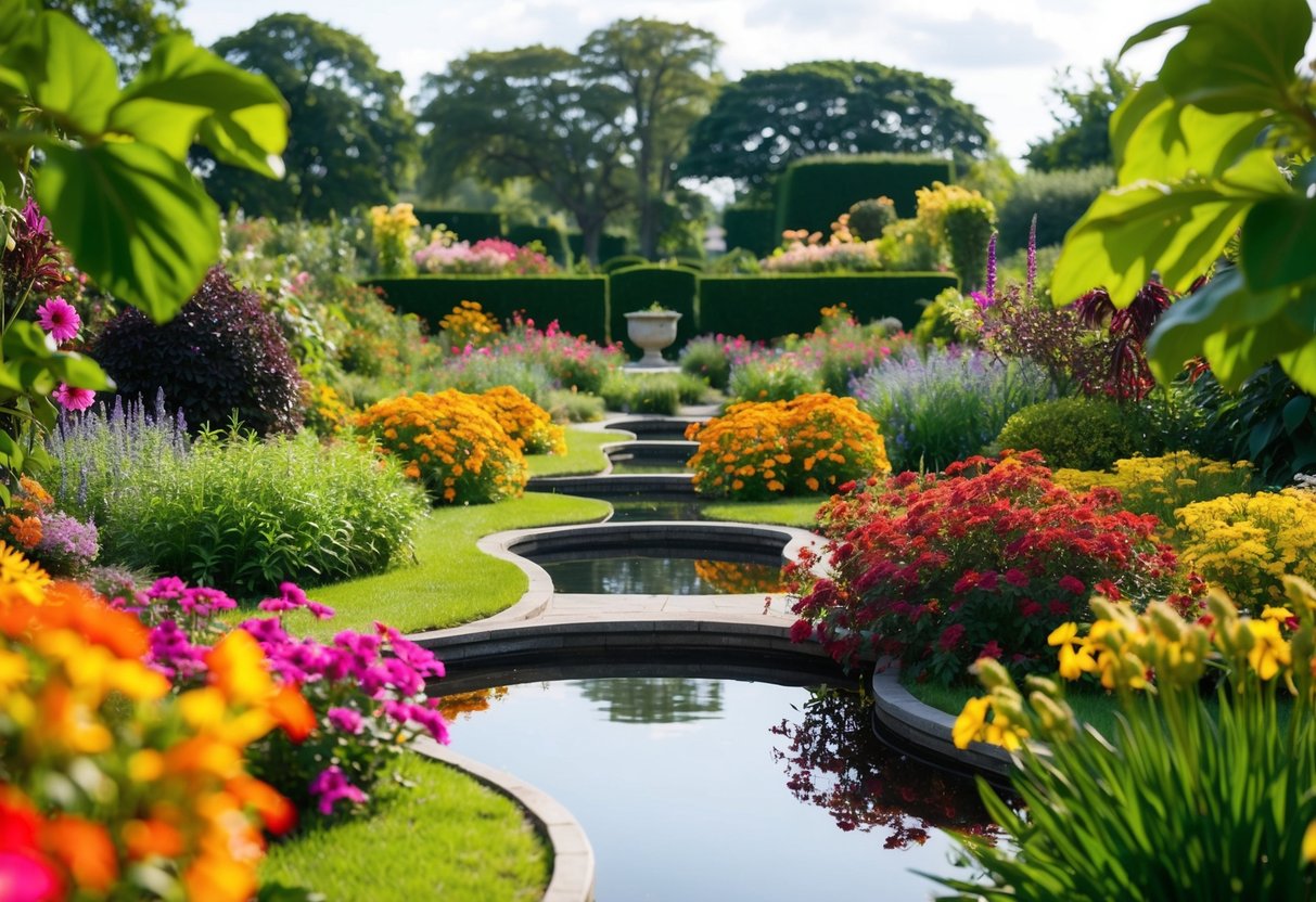 Lush garden with vibrant flowers, winding paths, and serene ponds