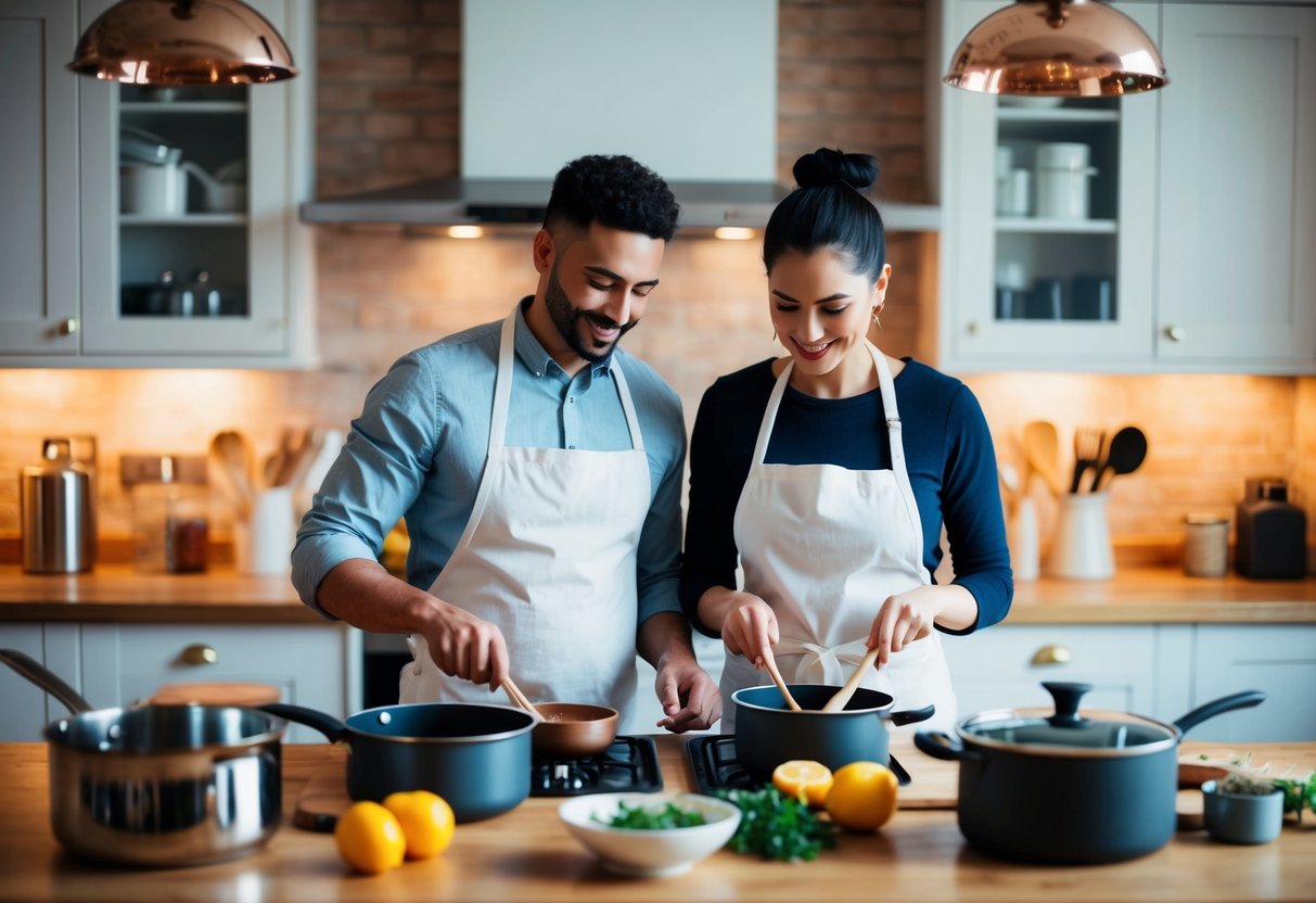 A cozy kitchen with two apron-clad figures cooking together, surrounded by pots, pans, and fresh ingredients