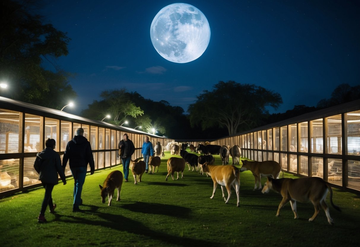 Animals roam under the moonlit sky, illuminated by soft lights on the Nighttime Zoo Tour. Visitors stroll past enclosures, taking in the sights and sounds of the nocturnal creatures