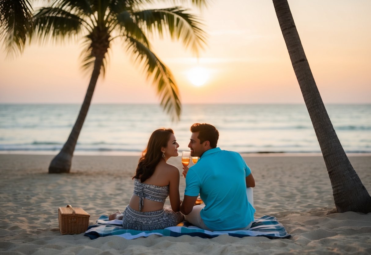 A couple enjoys a sunset picnic at Labadi Beach, with palm trees and the ocean in the background