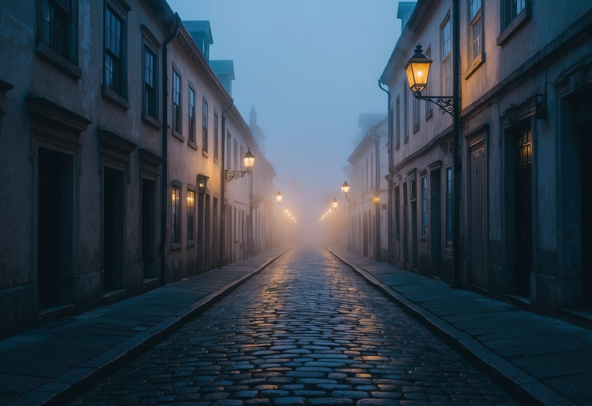 A misty cobblestone street lined with old, eerie buildings, illuminated by flickering lanterns and shrouded in a ghostly atmosphere