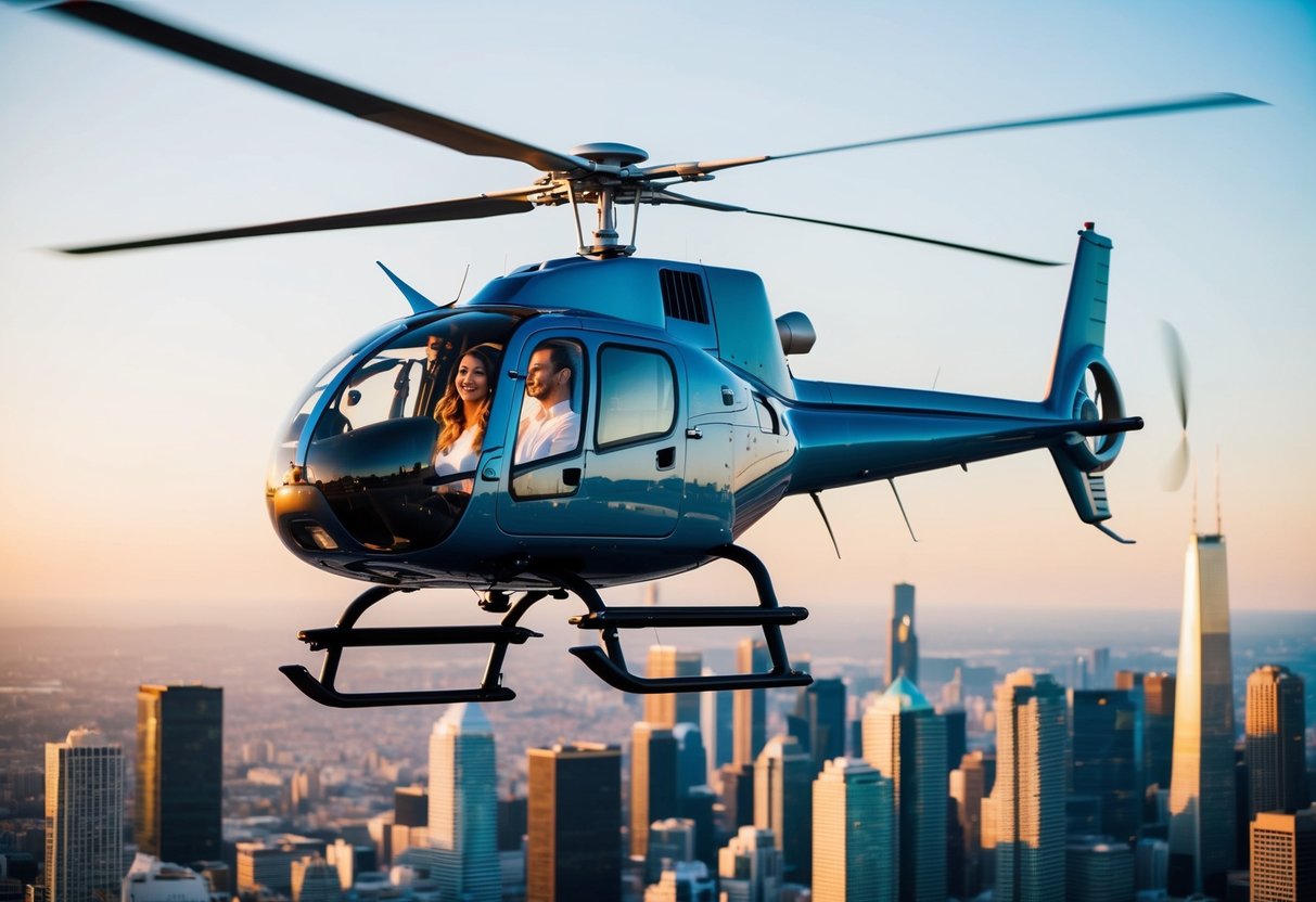 A helicopter hovers over a city skyline, with a couple inside gazing out at the breathtaking view below