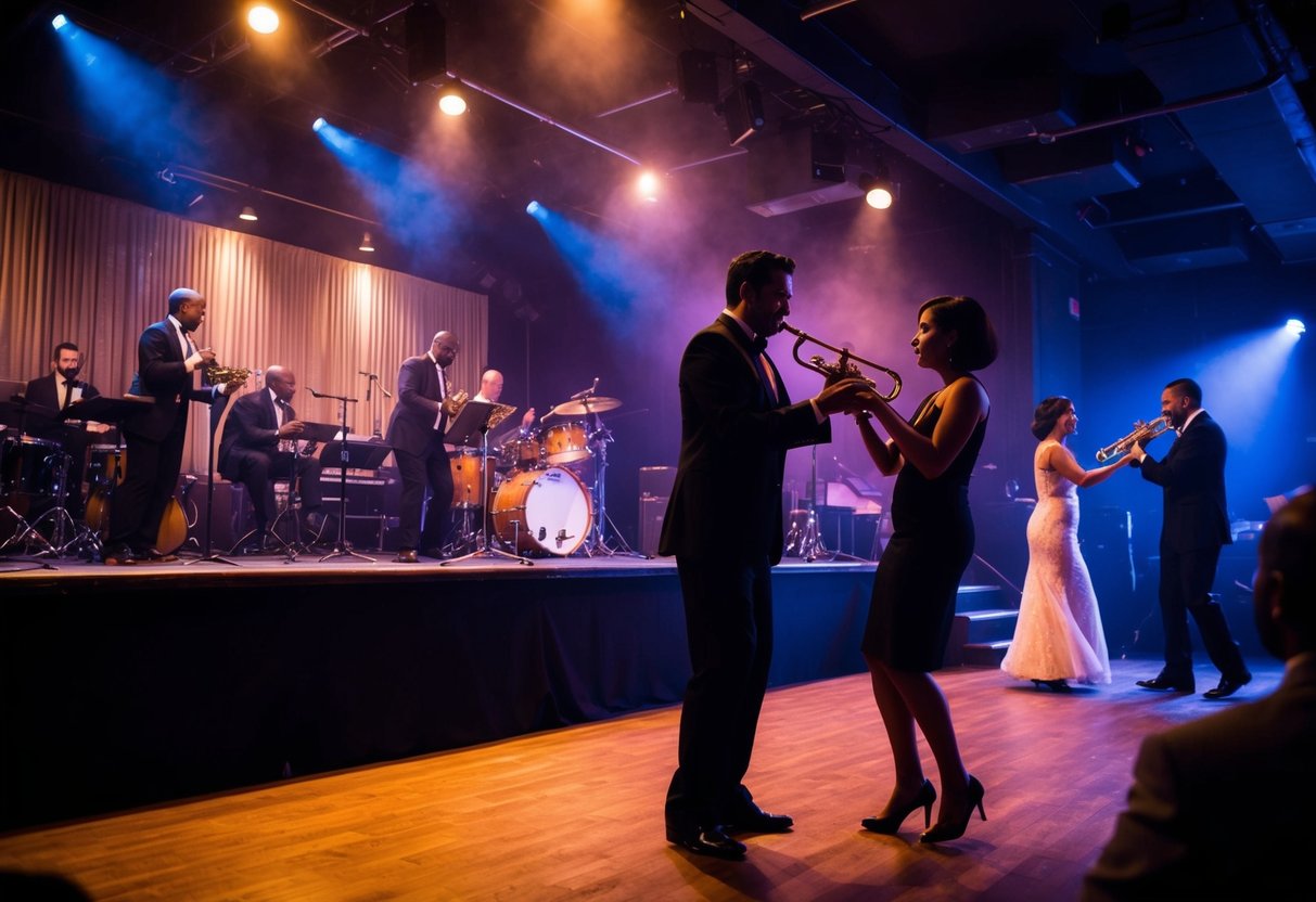 A dimly lit jazz club with a smoky atmosphere, a stage with musicians playing, and couples dancing in the background
