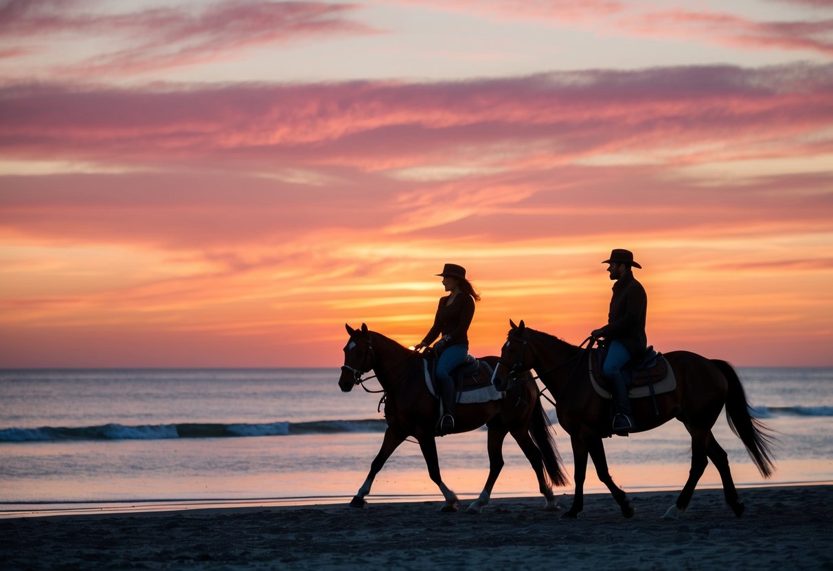 A couple rides horseback along a beach at sunset, silhouetted against the orange and pink sky