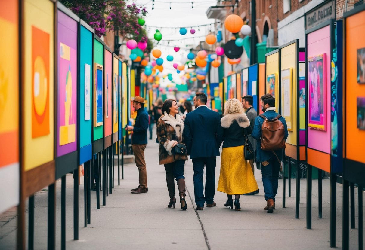 Colorful art displays line the streets, with people admiring and interacting with the various pieces. Musicians play in the background as couples stroll through the vibrant scene