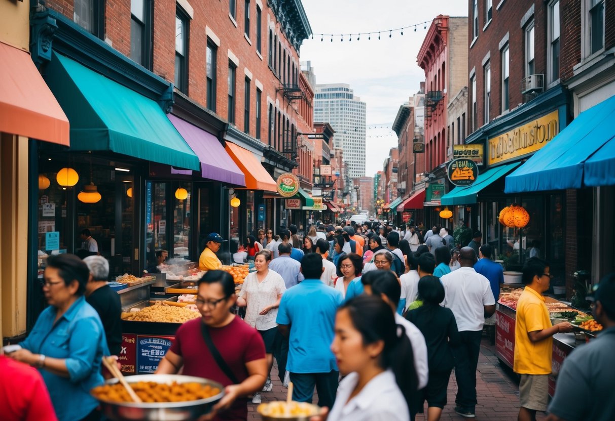 A bustling street in Boston's Chinatown, filled with colorful storefronts and bustling with people, the aroma of sizzling street food fills the air