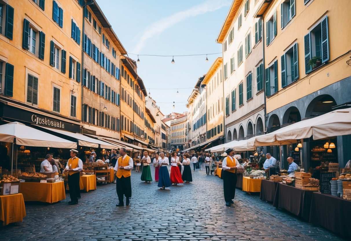 A bustling marketplace with historic buildings and cobblestone streets, filled with shops, restaurants, and street performers